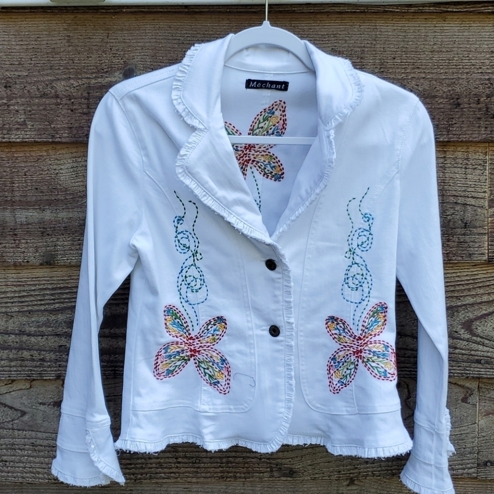 Mechant Butterfly Blazer Jacket Medium white denim EUC